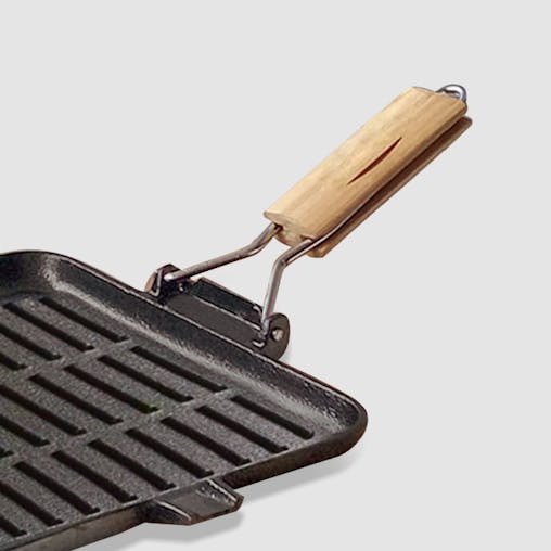 SOGA 2X 24cm Ribbed Cast Iron Square Steak Frying Grill Skillet Pan with Folding Wooden Handle