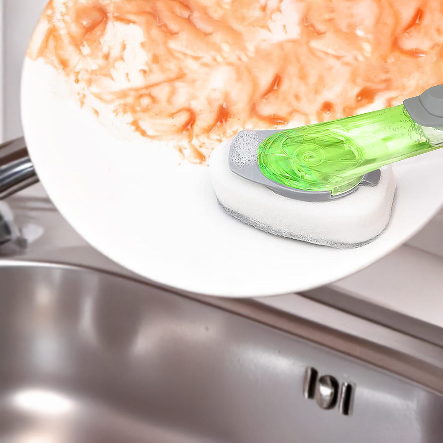 Spazzola lavapiatti con dispenser per sapone e spugna