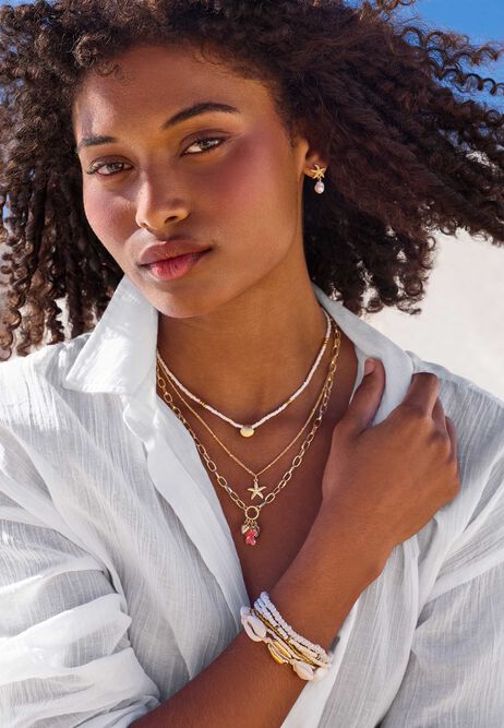 Womens Gold Pink Flower Charm Necklace