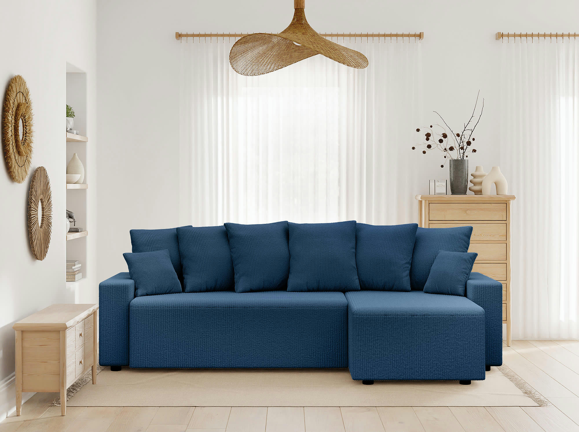 ALMA - Canapé d'angle convertible en velours côtelé 4 places bleu cobalt