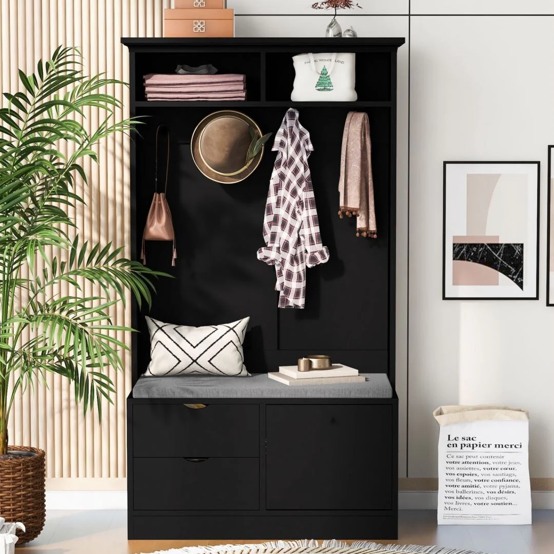 5-in-1 Entryway Bench with Coat Rack Cushion and 4 Sturdy Hooks