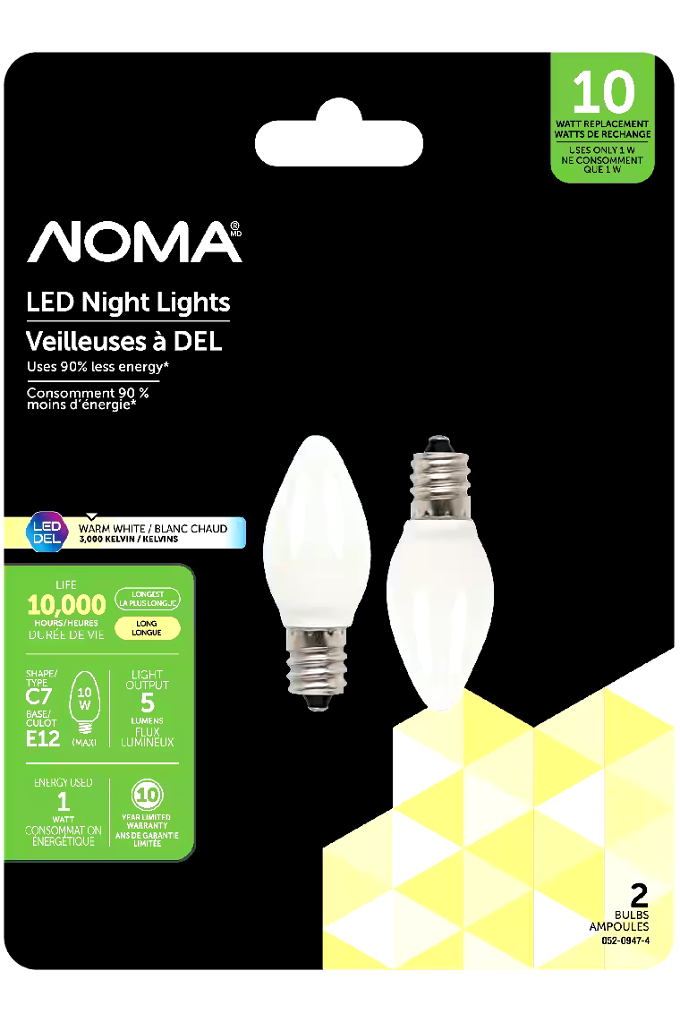 NOMA C7 E12 Base Night Non-Dimmable LED Light Bulb, 3000K, 5 Lumens, Warm White, 0.5W, 2-pk