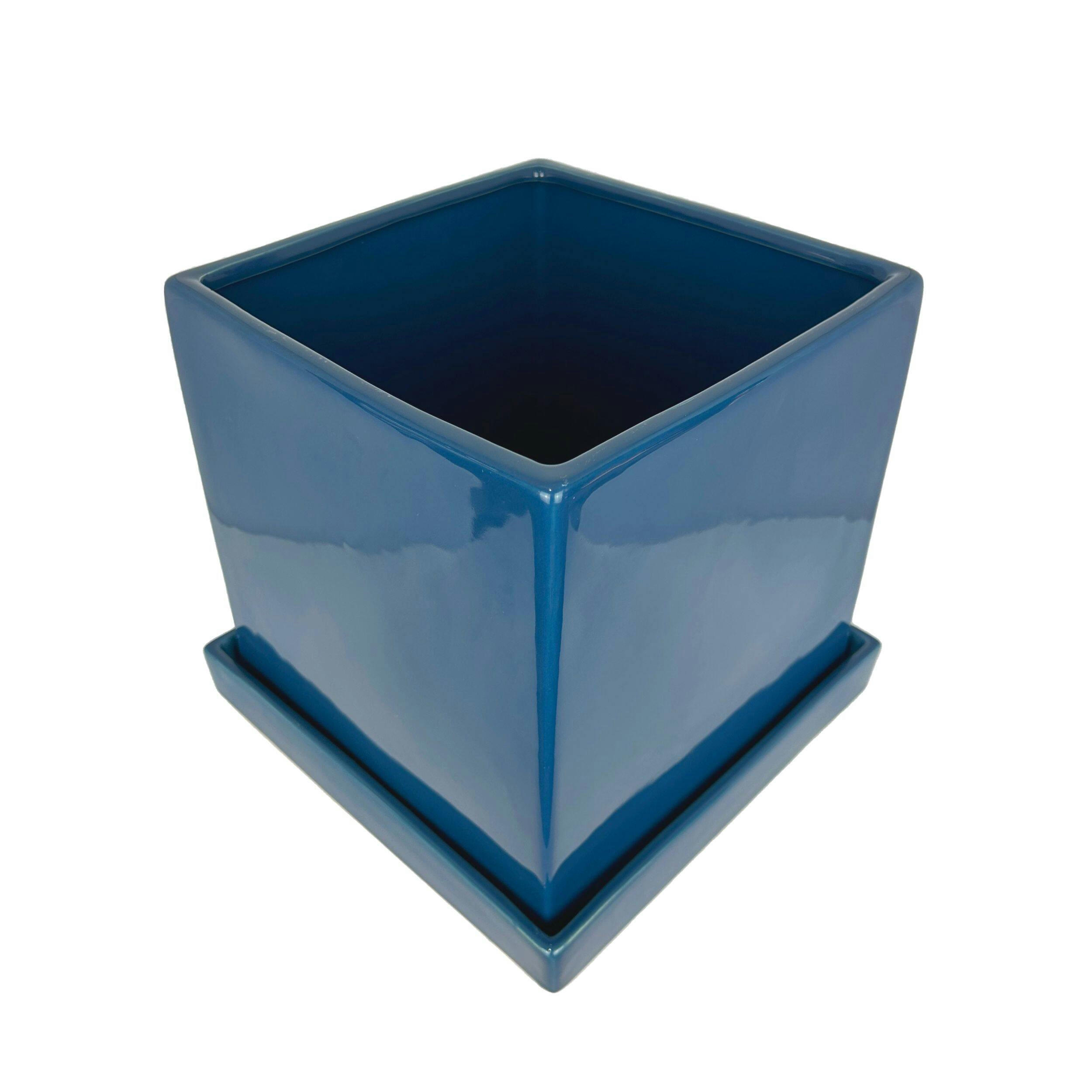 Capri Decorative Garden Square Ceramic Planter with Saucer, 6-in, Blue