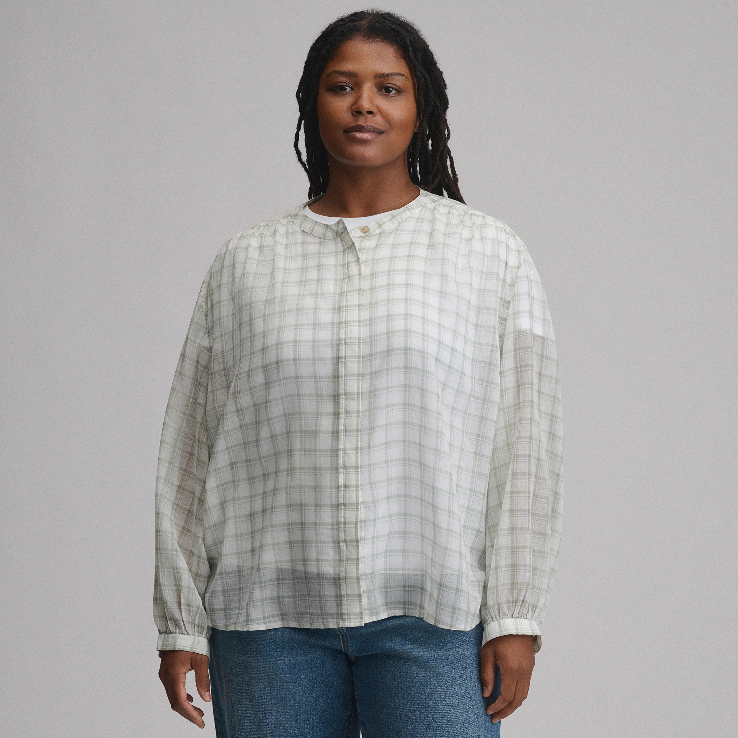 Women's Long-Sleeve Collarless Button-Down Shirt