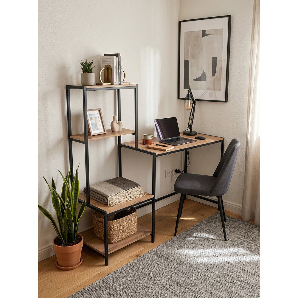 Bureau Luffi avec étagères bois naturel et métal noir 147x44xH125cm