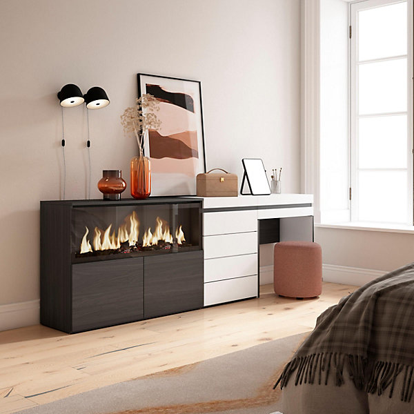 Coiffeuse 234x35x75cm feu led sans chaleur XXL commode buffet blanc
