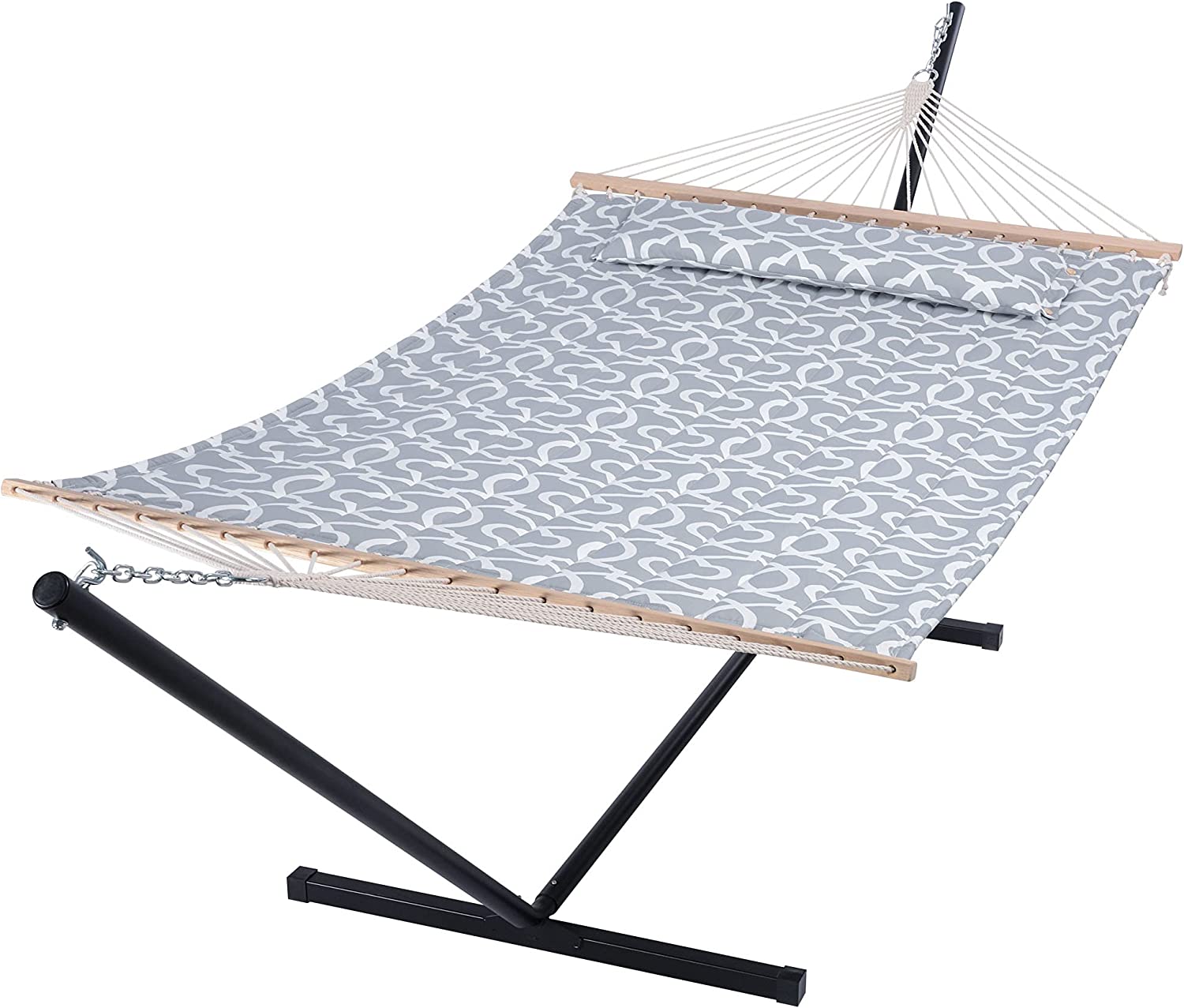 55 Inch Extra Large Double Hammock with Stand, 475lbs Capacity, Outdoor Portable Hammock with Hardwood Spreader Bar, Extra Large Pillow