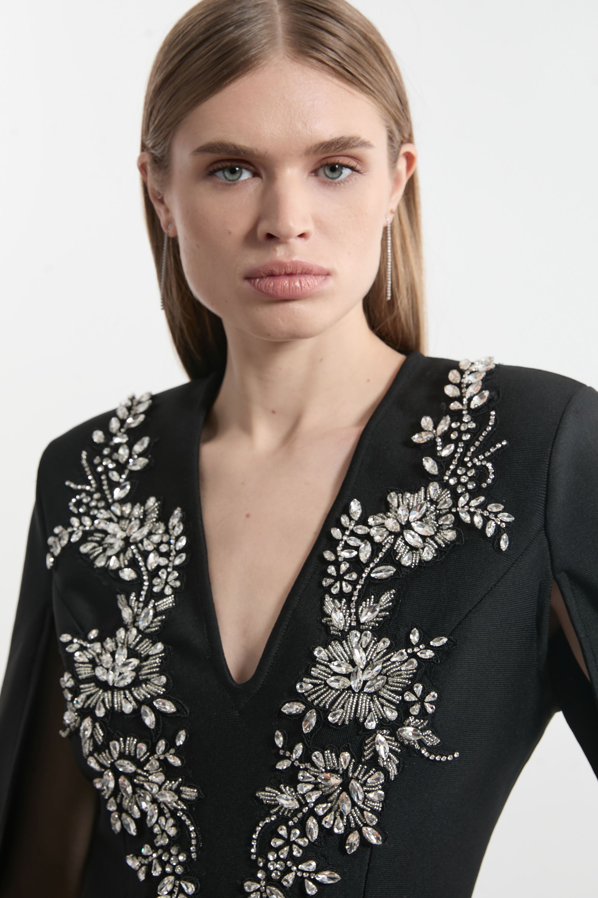 KarenMillen Bandage Form Fitting Cape Sleeve Embellished Mini Dress