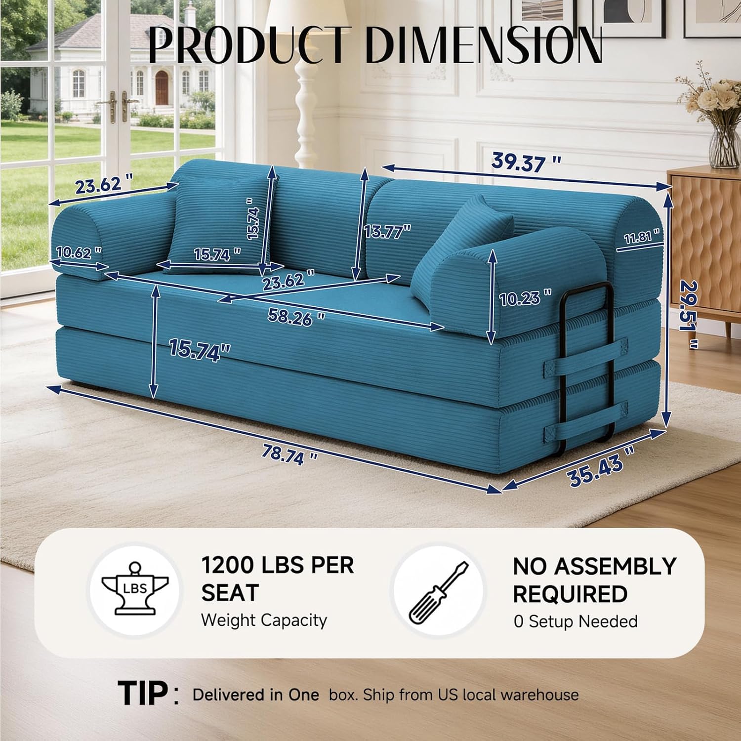 79 Convertible Sofa Bed No Assembly, 6-in-1 Folding Futon Couch Sleeper with Armrests & Pillows, Soft Corduroy Modular Floor Sofa, Reinforced Frame for Small Space Apartment Bedroom (Light Blue)
