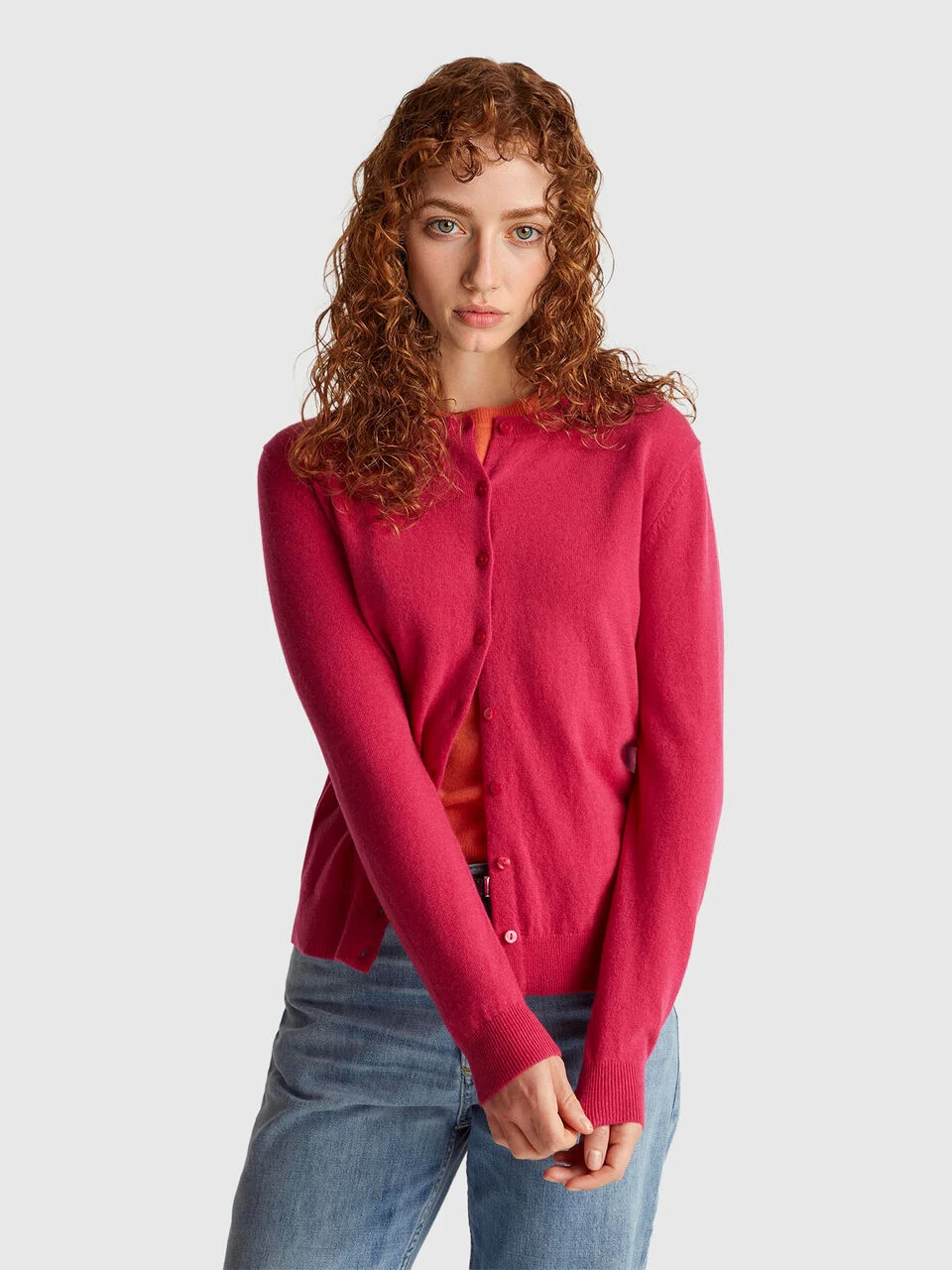 Fuchsia crew neck cardigan in pure Merino wool