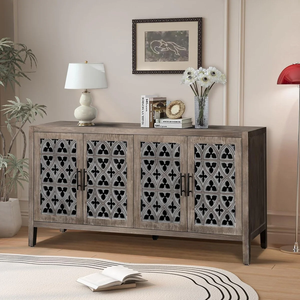 Roomfitters Hollow Four Door Antique Cabinet - American Country Style, Ideal for Living Room, TV Cabinet, Kitchen