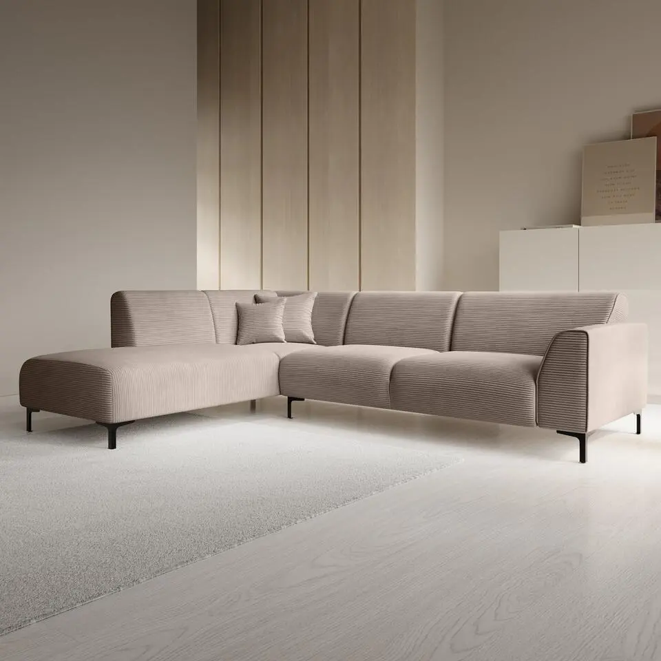 Meubella - Moana - Hoekbank 4-zits met chaise longue - Ribstof bruin - Links