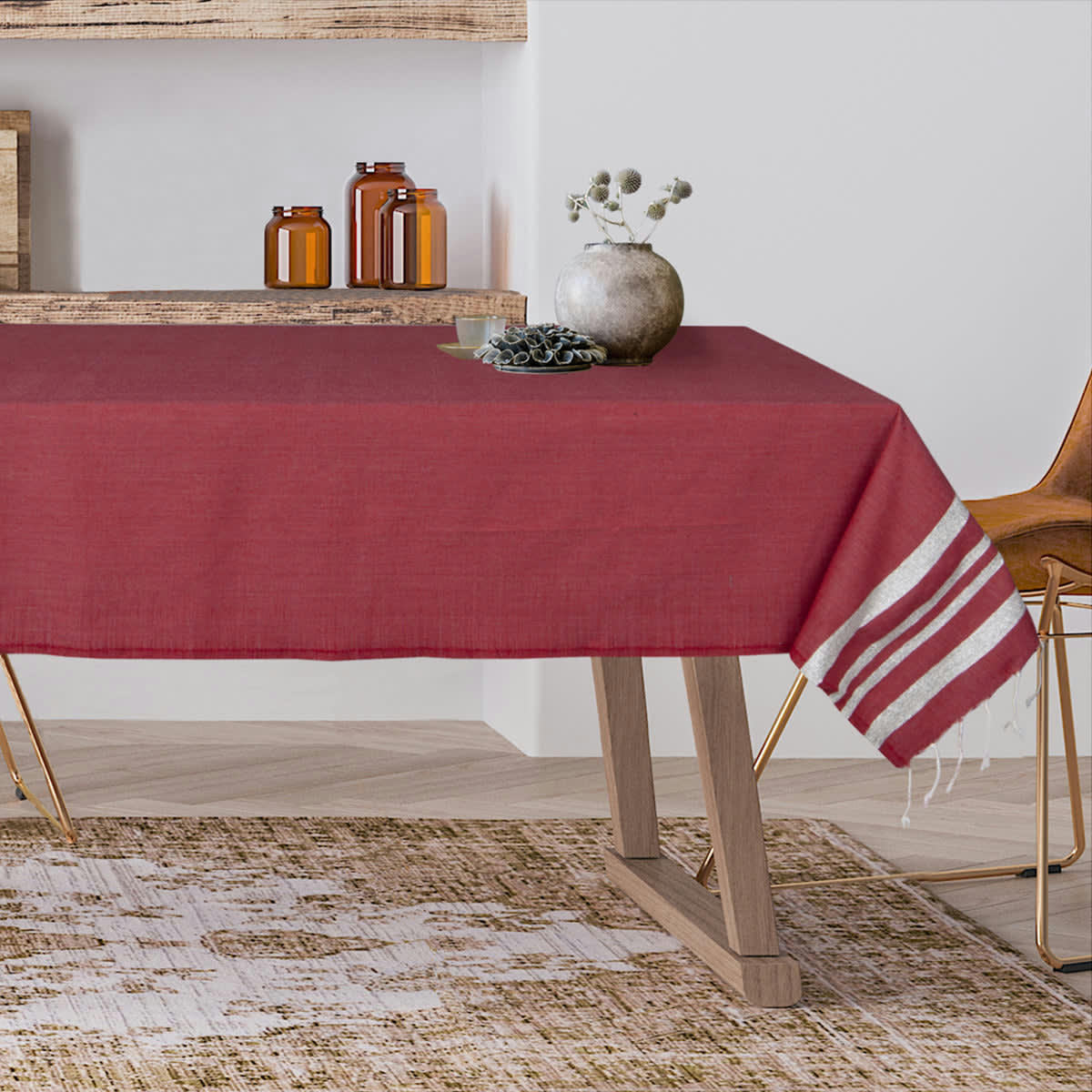 HAMPTONS - Nappe lurex coton  150x250 rouge / argent