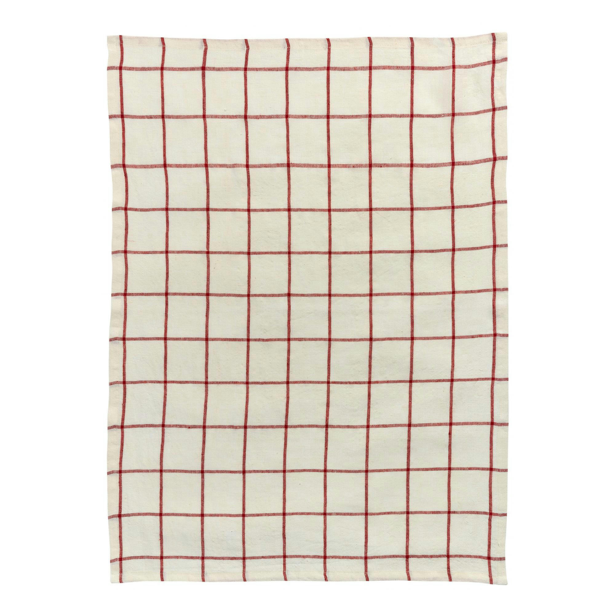 KARMA - Torchon carreaux  en lin ecru/rouge 55 x 75