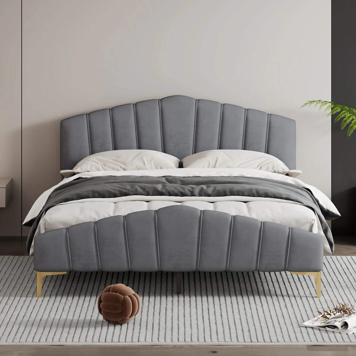 Roomfitters Queen Size Velvet Platform Bed with Thick Fabric, Stylish Stripe Decorated Bedboard and Elegant Metal Bed Leg