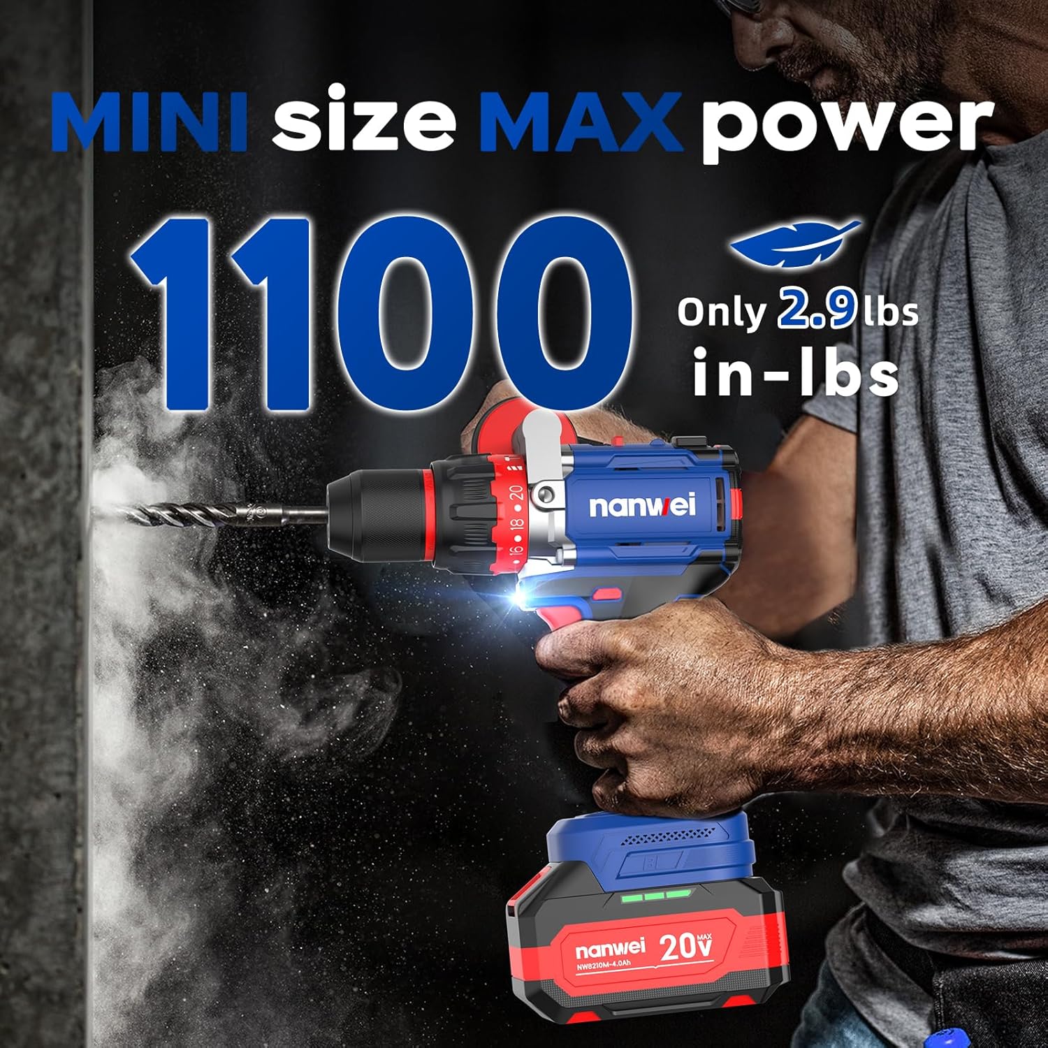 NANWEI Hammer Drill, 1100 in-lbs, 26000BPM, 1/2 Keyless Metal Chuck, 20+1+1 Clutch, 2x4.0Ah Batteries, 20V Brushless Cordless Heavy-duty Impact Drill Kit for Drilling concrete,Brick Wall, Metal, Wood