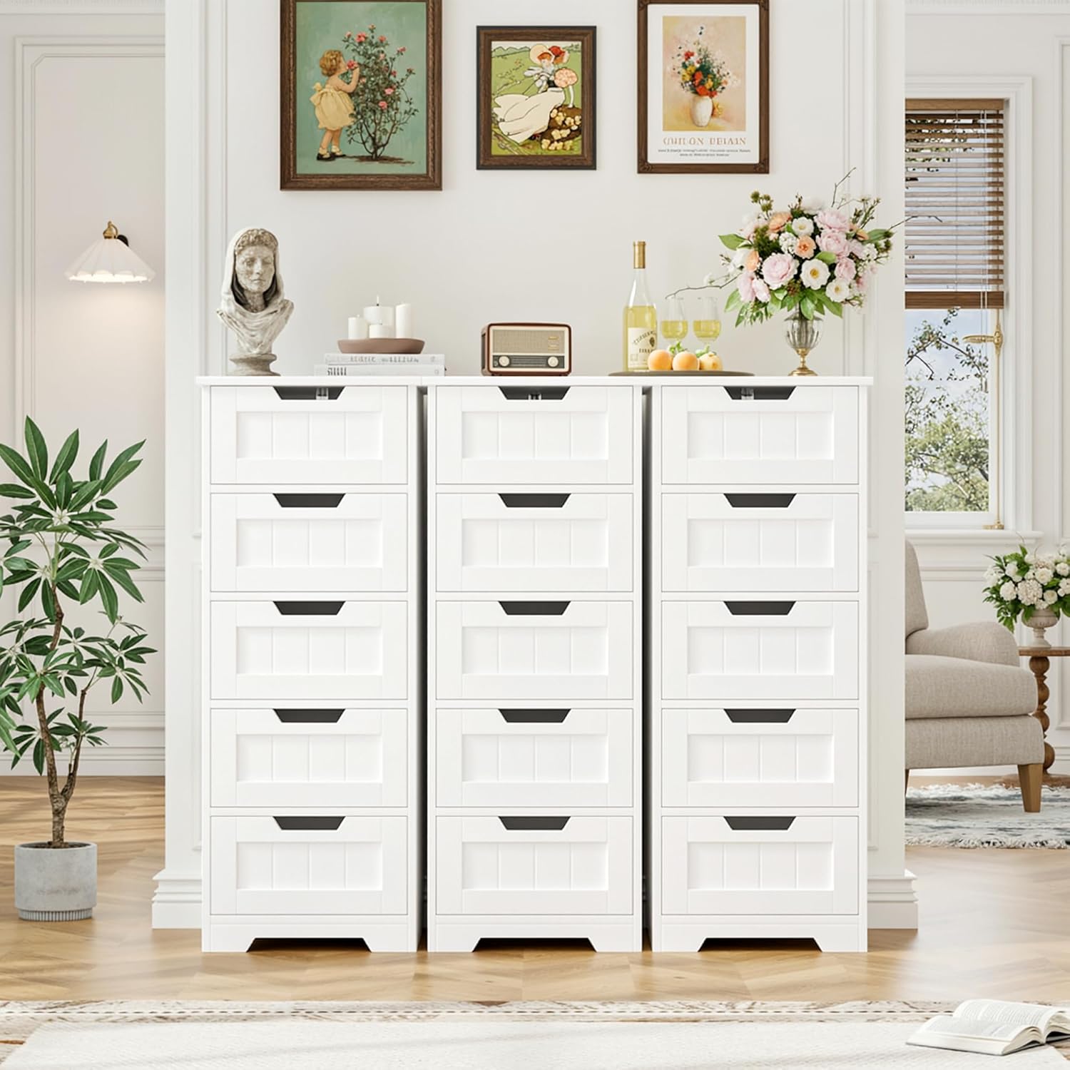 FOTOSOK Bathroom Cabinet, Bathroom Storage Cabinet with 5 Drawers, Wooden Storage Cabinets with Cut-Out Handles, 11.8” x 15.7” x 40.1” Bathrooms Floor Cabinets for Hallway/Living Room, White