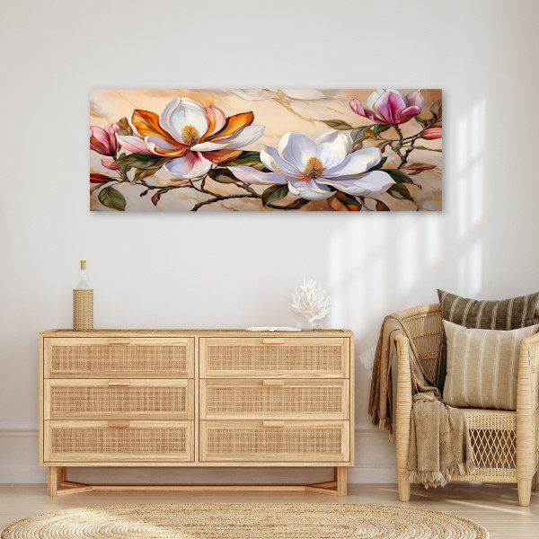 Feeby Obraz na płótnie, Magnolie Gałązka Kwiaty Rośliny Marmur 90x30