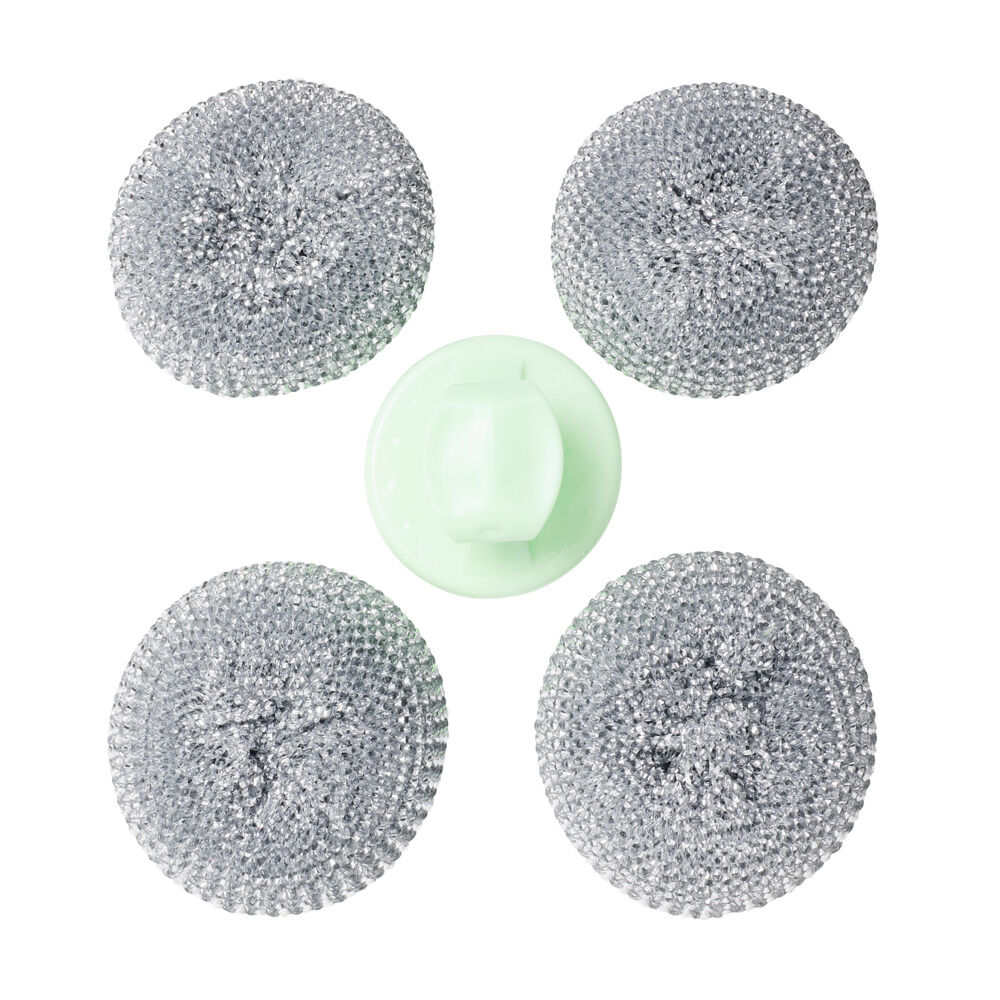 éponge boule grattante x4 acier inox Ø8cm avec 1 poignée