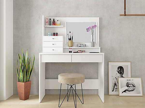 Coiffeuse GIULIANA - Miroir à LEDs et rangements - Blanc