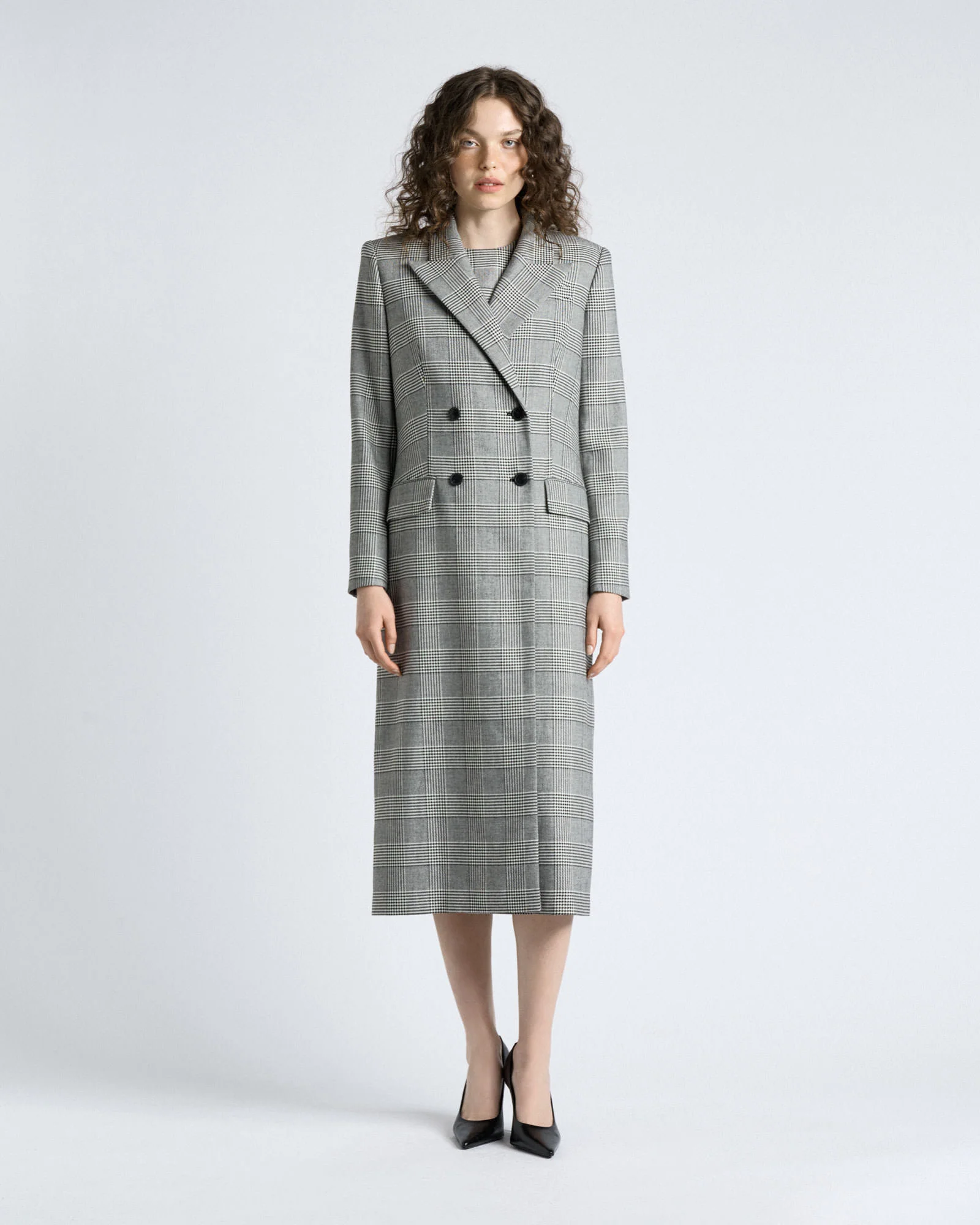 European Houndstooth Check Double Breasted Coat