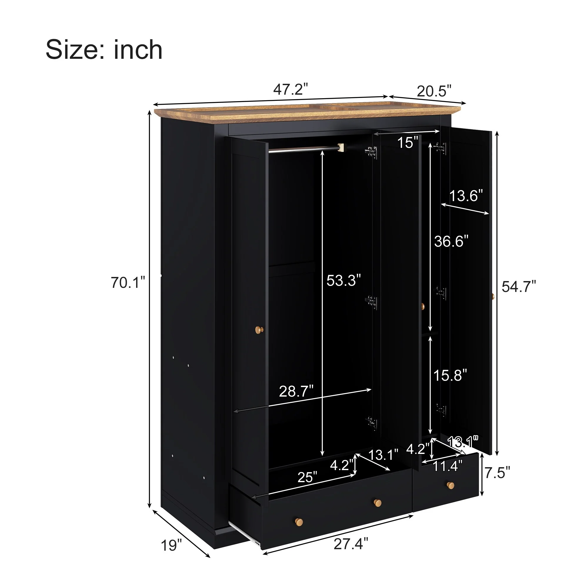 70.1 Tall 3 Doors Armoire with 2 Drawers and Hanging Rail, Bedroom Wood Wardrobe Closet with Shelves