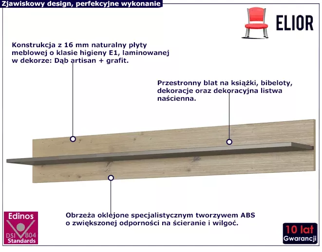 Półka ścienna dąb artisan   grafit - Luvro