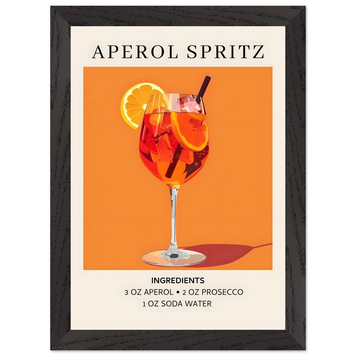 Artfulprints Poster met Lijst Aperol Spritz - Ingrediënten  - A4 21x29.7 cm - Oranje
