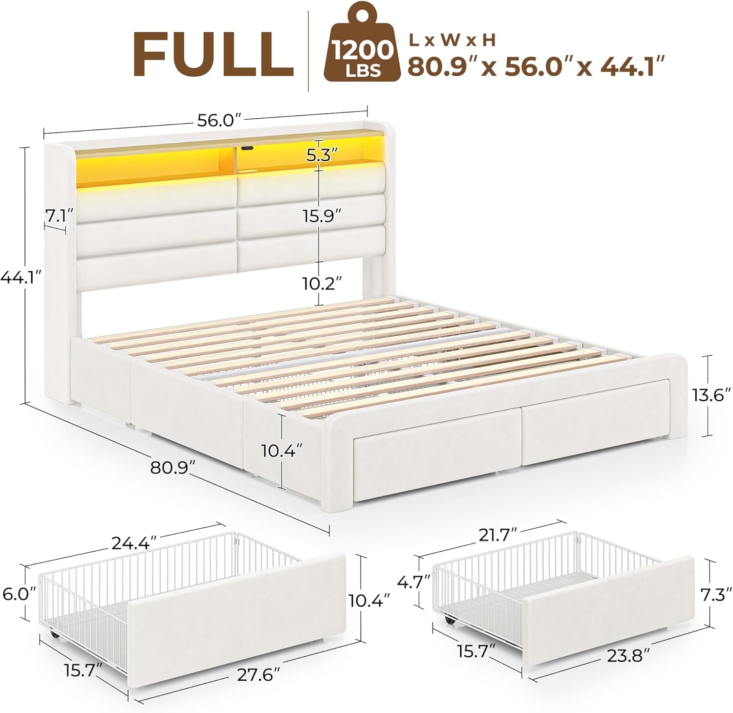 Seventable Full Size Bed Frame with 4 Storage Drawers & Charging Station, Upholstered Platform Bed with Storage Headboard and LED Light, No Box Spring Needed, Noise Free, Easy Assembly, Cream White