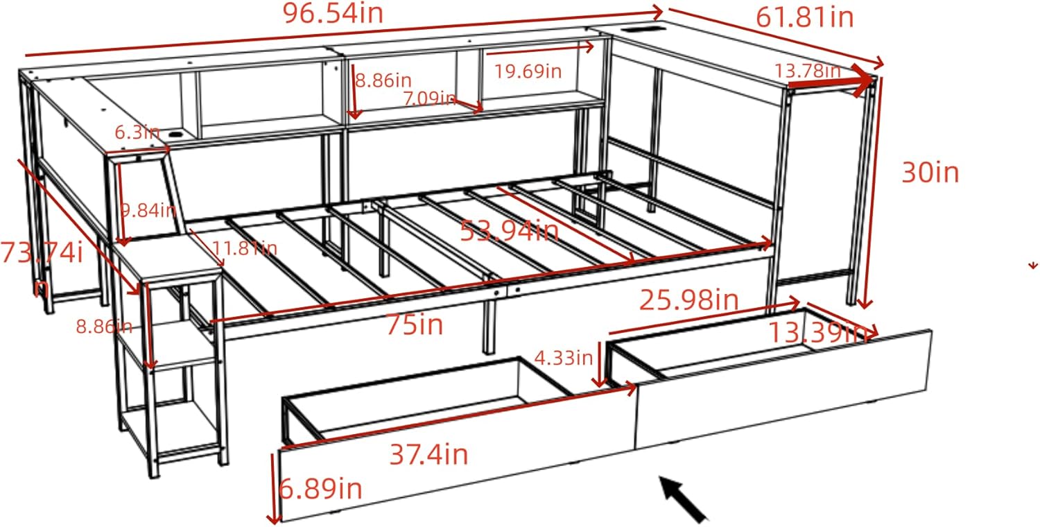 Bellemave Full Corner Bed Frame with Desk and Storage, Full Size Captains Bed with Charging Station and LED Light, Wood Daybeds with L-Shaped Bookcase and 2 Drawers, Black