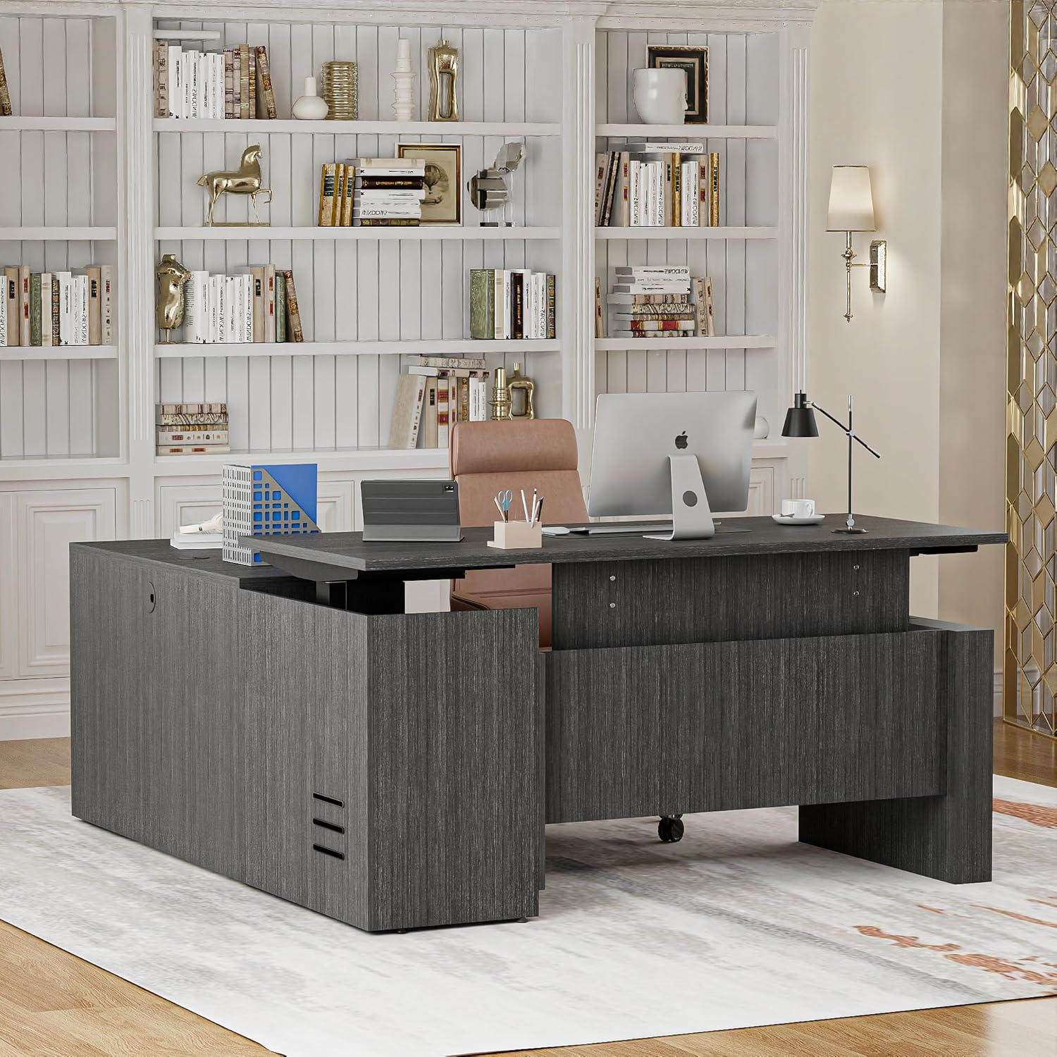 66.93 L Shaped Executive Standing Desk with Pre-Assembled Frame & Lockable Cabinets, Fixed Right-Facing Design, Dual-Motor Height Adjustable Sit-to-Stand Desk for Corporate & Home Office