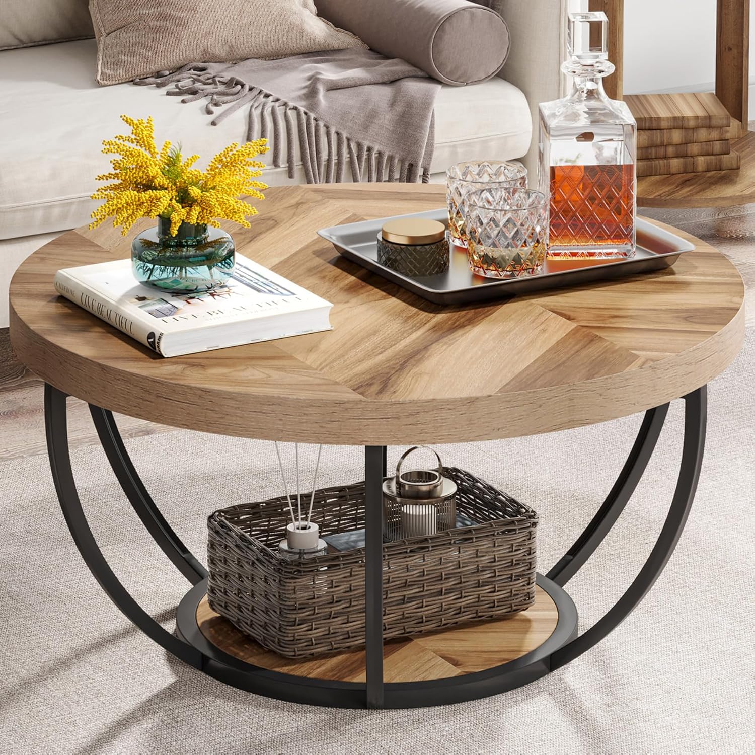 Tribesigns 31.7 Round Industrial Coffee Table with 2-Tier Storage Shelves, Modern Wood & Black Metal Accent Center Table for Living Room, Home Office – Easy Assembly