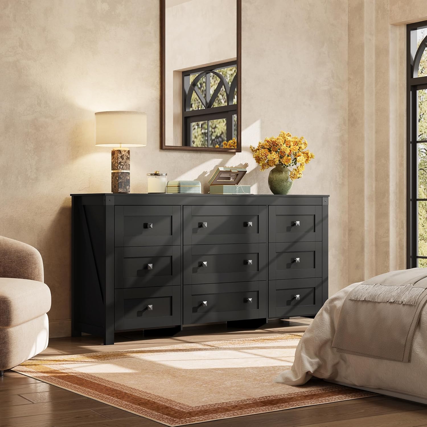 WLIVE Farmhouse Dresser for Bedroom, 63 Wide 9 Drawer Dresser Storage Organizer, Wood Chest of Drawers for Bedroom, TV Stand for 70 inch TV, for Living Room, Hallway, Ball Bearing Slide (Black)