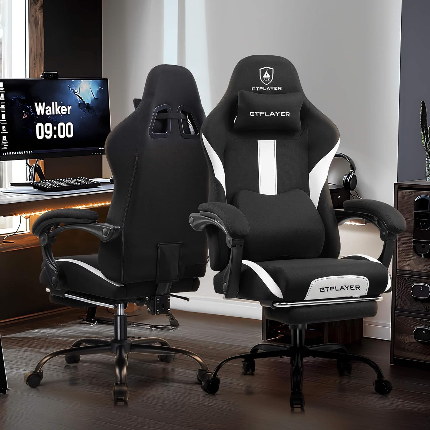 GTPLAYER Gaming Chair Ergonomic Office Chair with Foot Rest & Pocket Spring Cushion, High Back Computer Desk Chair with Headrest & Lumbar Support, Breathable Fabric Game Chair for Adults, Coal-Black