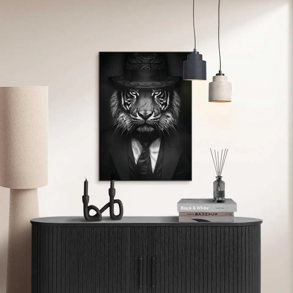 Schilderij Tiger Man - 70 x 50 - Zwart-Wit