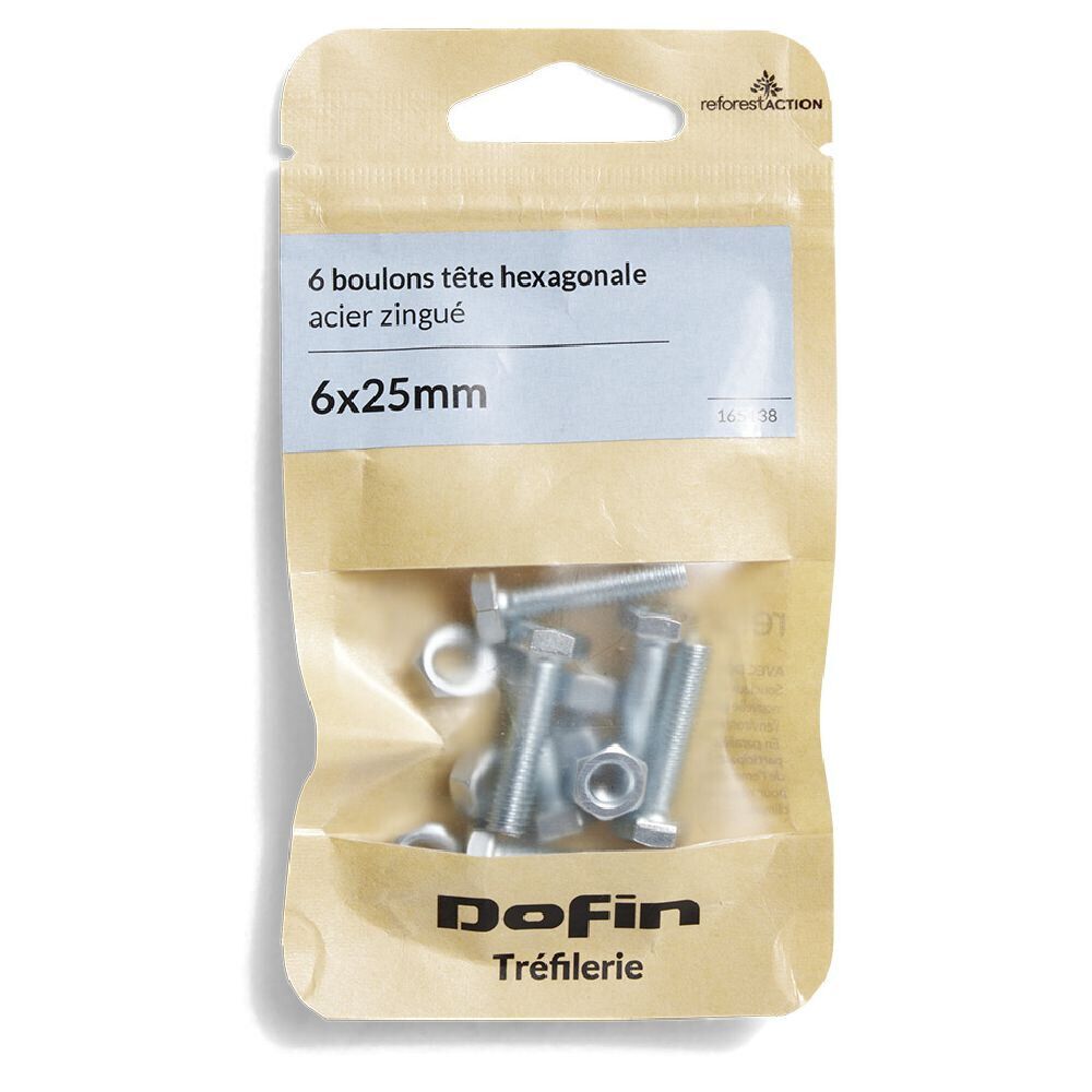 6 boulons tête hexagonale acier zingué - 6x25 mm