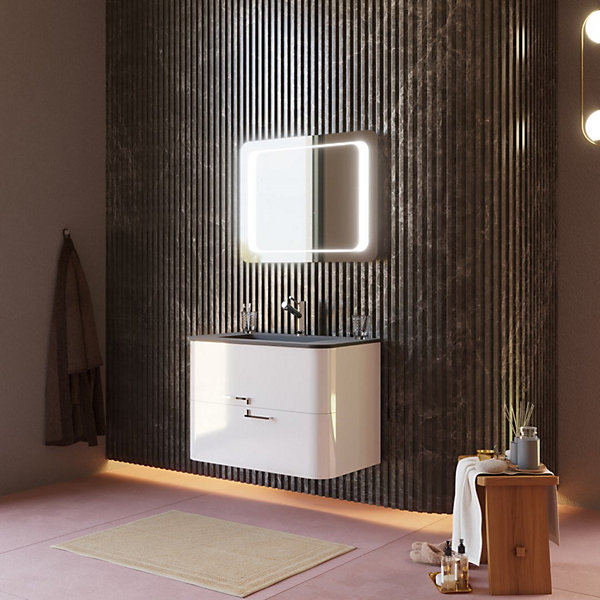 Meuble De Salle De Bain Suspendu 80 Cm Blanc, Lavabo Noir Mat, Miroir Led - Hollywood