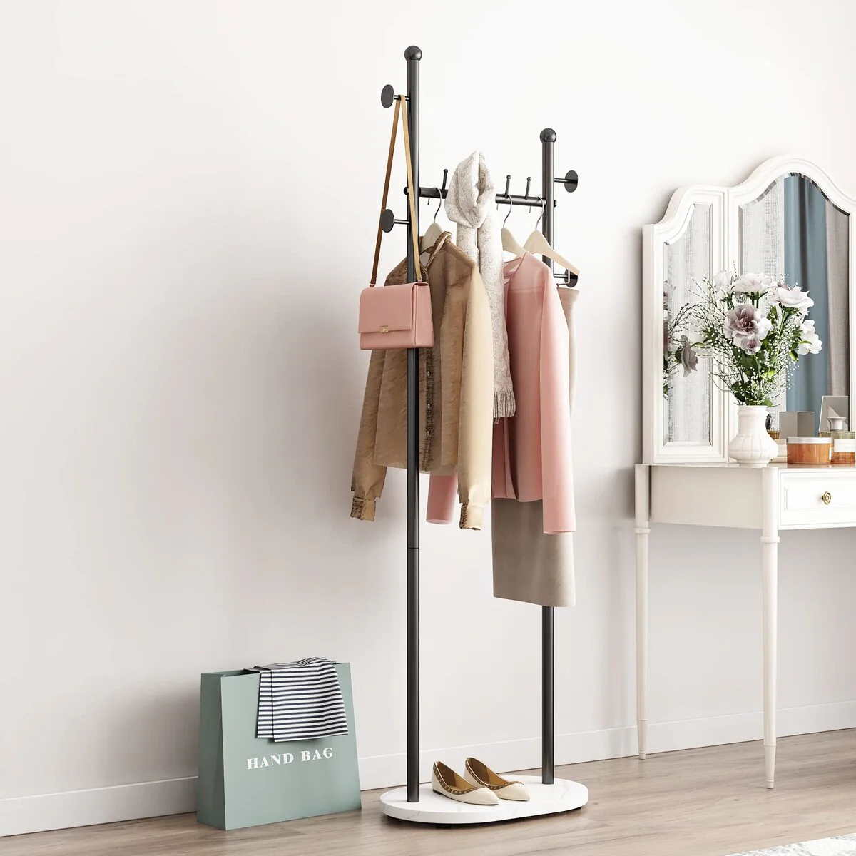 Clothing Rack With Shelves, Modern Coat Rack Freestanding with Marble Base, Coat Hanger Rack,Hat Tree Coat Rack Standing
