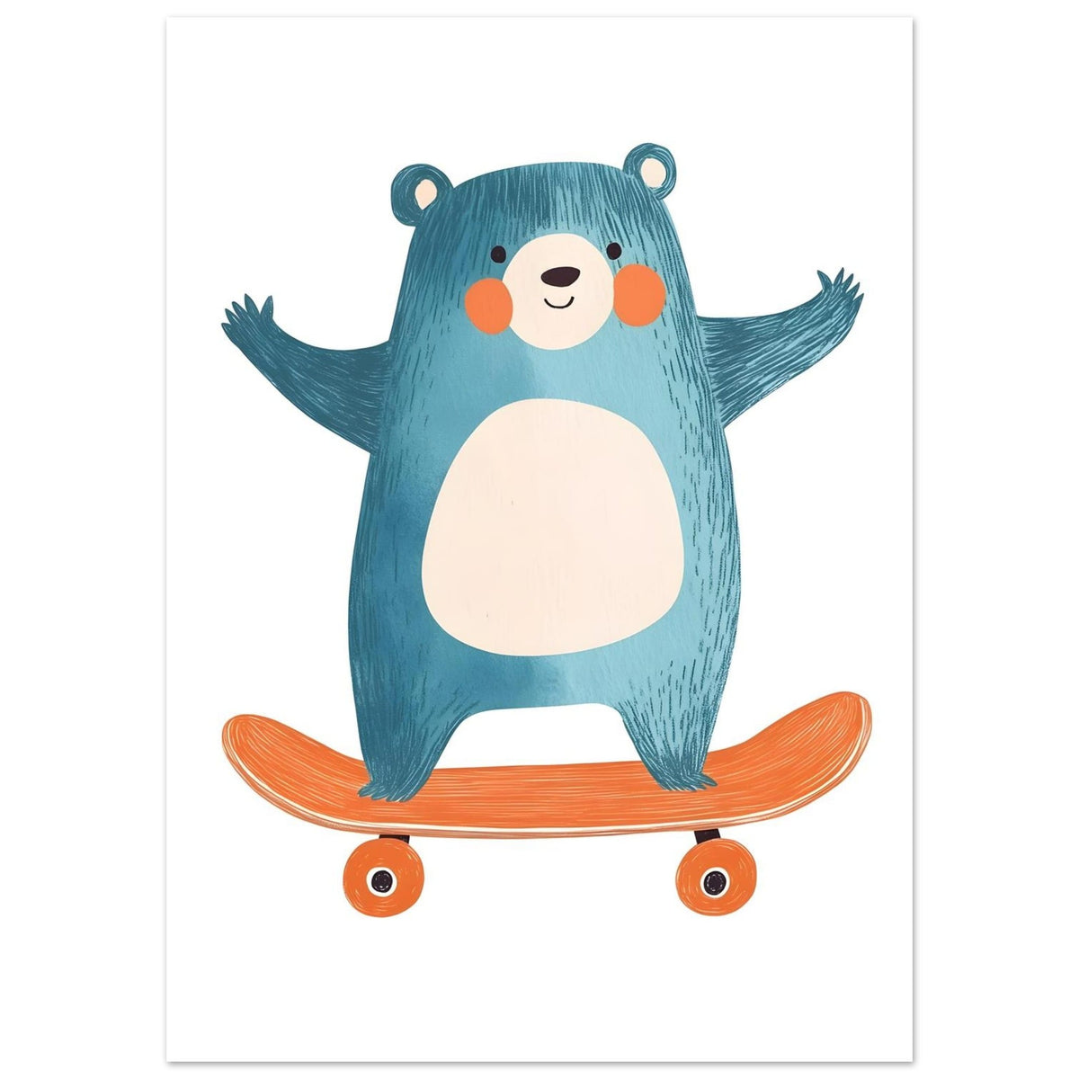 Artfulprints Poster Skatende beer  - 50x70 cm - Blauw