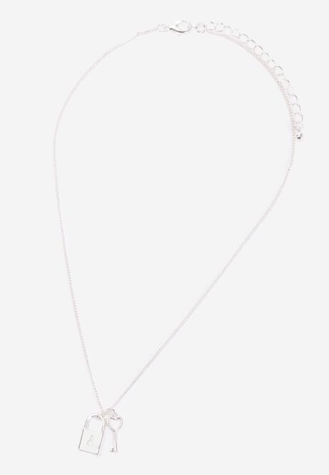 Womens Silver Padlock & Key Charm Necklace