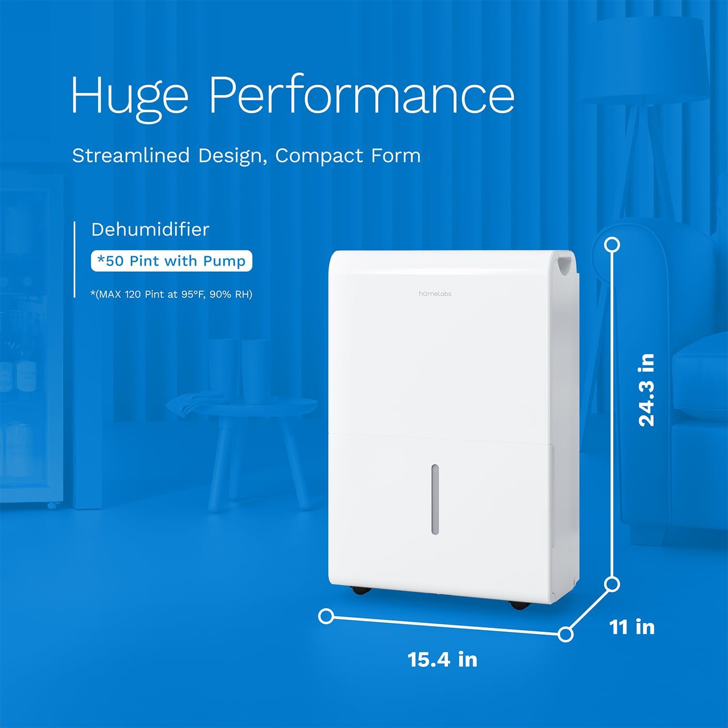 hOmeLabs Dehumidifier for Home, Office, Basements with Powerful Moisture Removal, Humidity Control, Auto Shut-off, Quiet Operation - 7,500 Sq Ft Wi-Fi with Pump (50 Pint MAX 120 Pint at 95°F, 90% RH)