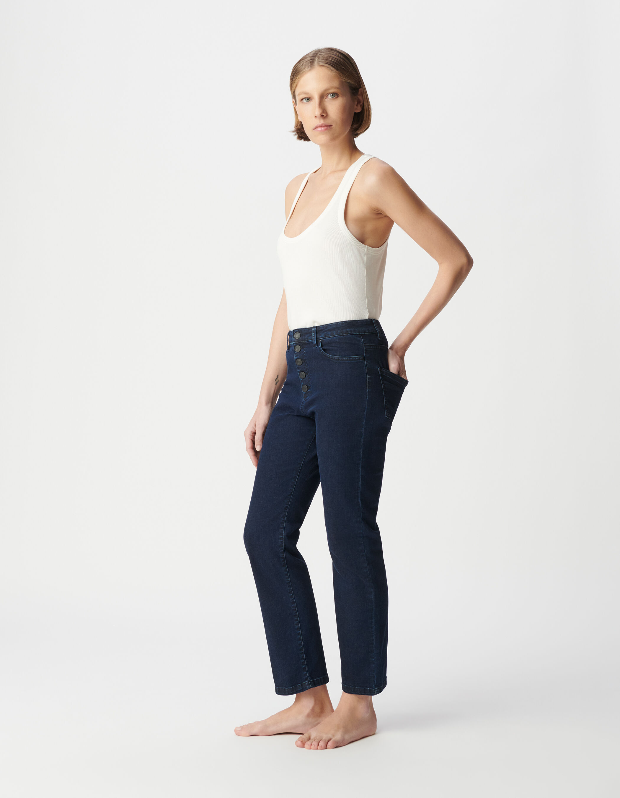 Jean droit bleu foncé powerstretch cropped Femme