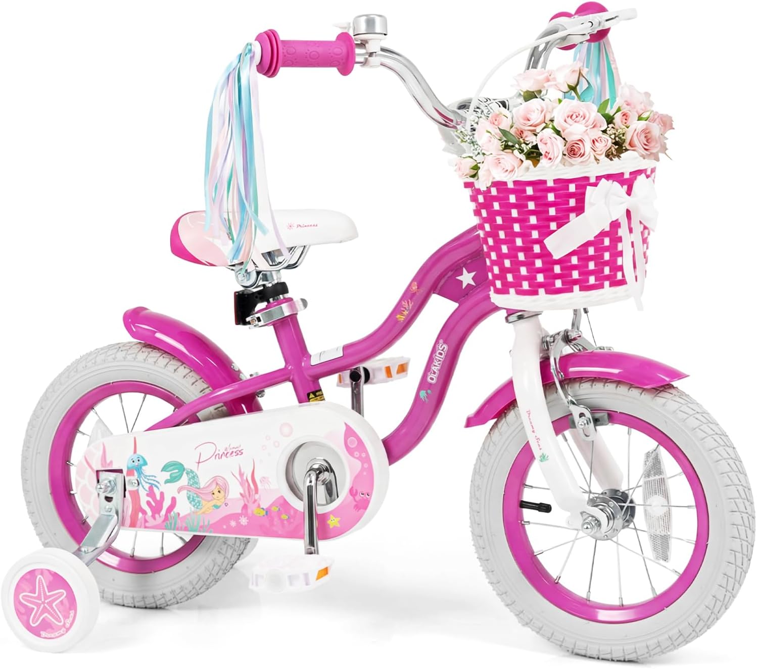Olakids Kids Bike, 12 14 16 18 20 Inch Mermaid Theme Girls Bicycle with Training Wheels Basket Adjustable Seat and Handlebar Dual Brake