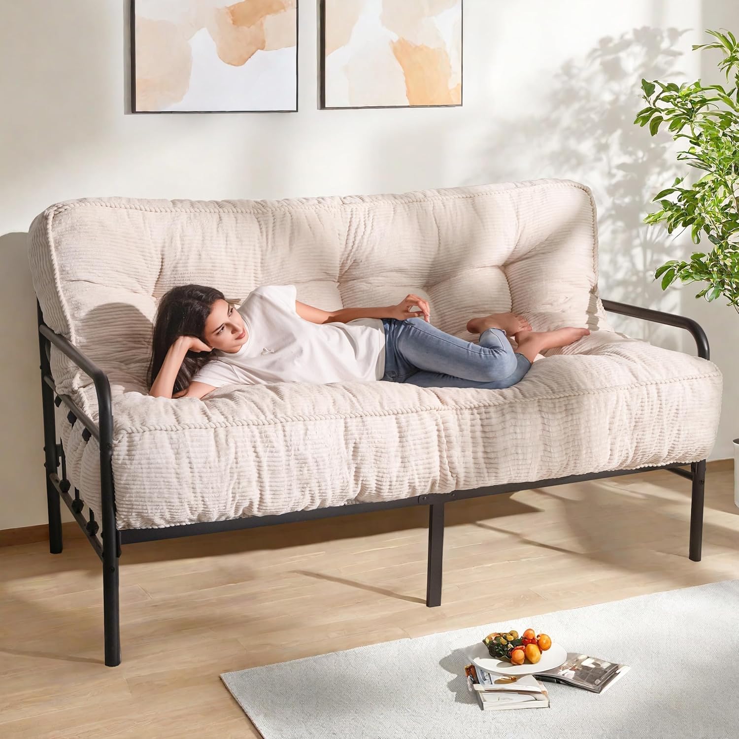 MAXYOYO 8 Futon Mattress Full Size, Ultra Thick Futons Sofa Couch Tufted Sleeper Sofa MAt, Floor Mattress for Adults, Shredded Foam Filling (Frame Not Included), Beige