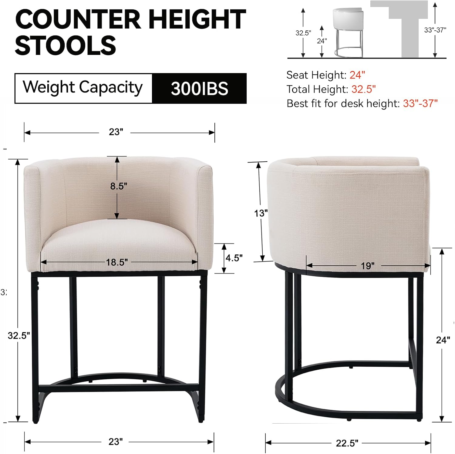 Contemporary Cream Linen Bar Stools Set of 3, 24 Upholstered Fabric Counter Height Barstools Kitchen Counter Island Stools with Screwed Together Black Metal Base
