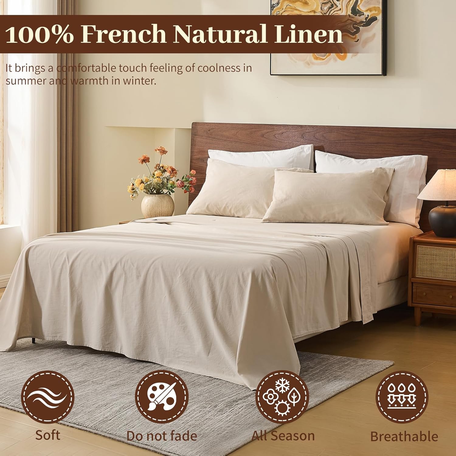 MEISHANG 100% French Pure Linen Sheets King Size - Bed Sheets 4 Piece Sets, Soft Durable Flax Linen, Anti-Tear Breathable Oeko-Tex Certified with 16 Deep Pocket (Linen)