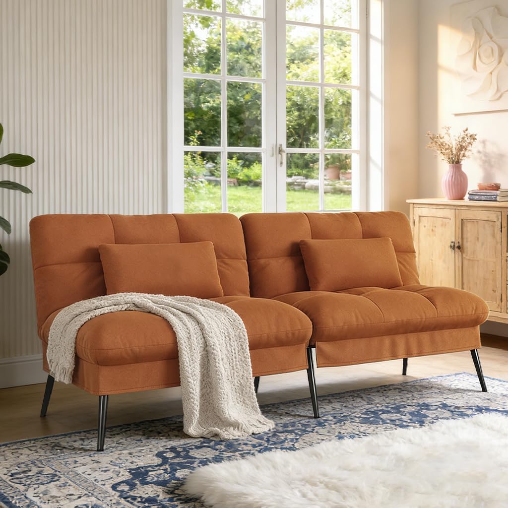 COMHOMA 72″Futon Sofa Bed,Modern Convertible Sleeper Sofa, Fabric Futon Couch with Multi-Position Backrest for Living Room Furniture (Brown)