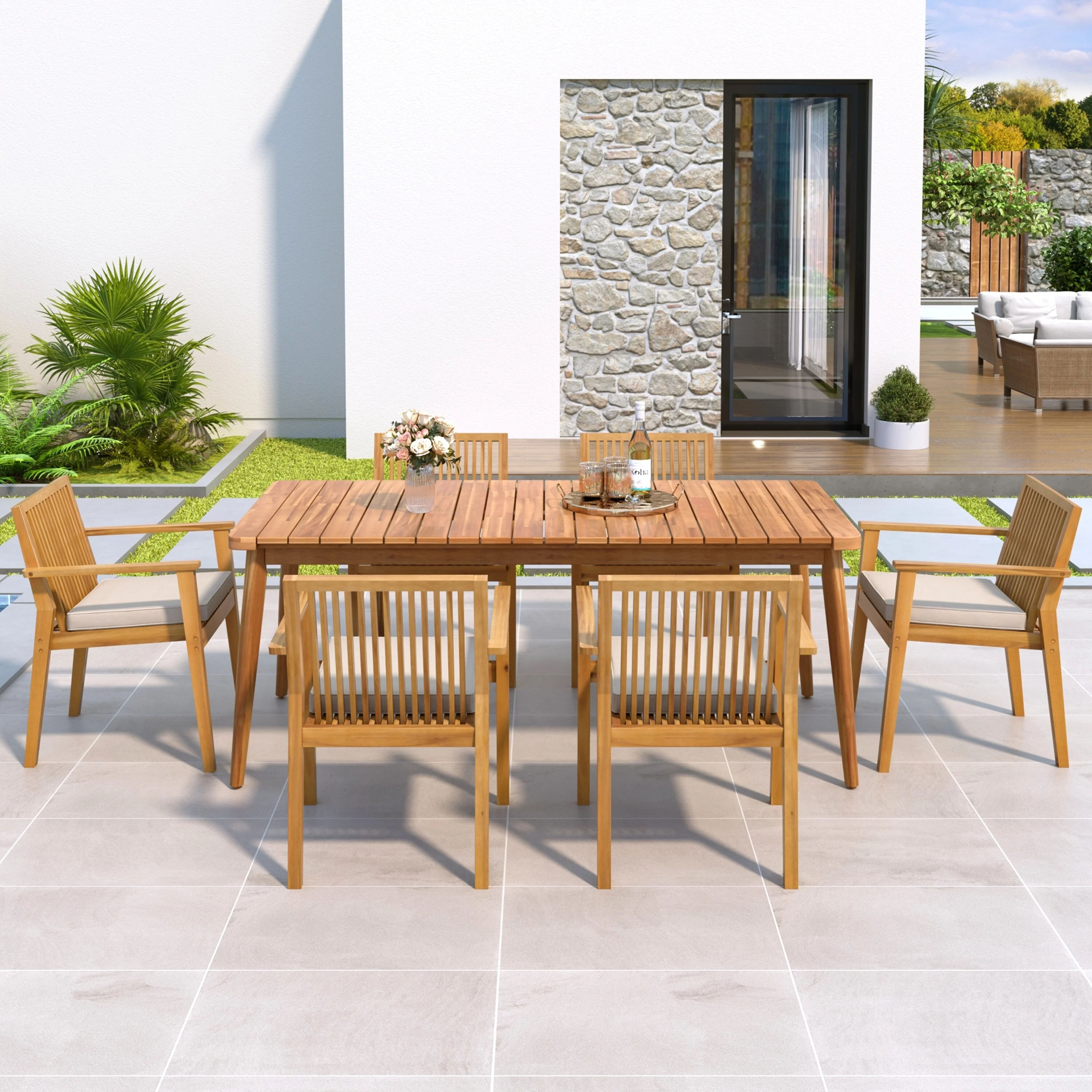7-Piece Acacia Wood Outdoor Dining Set, 72W Slatted Table & 6 Chairs with Removable Cushions for Patio Garden