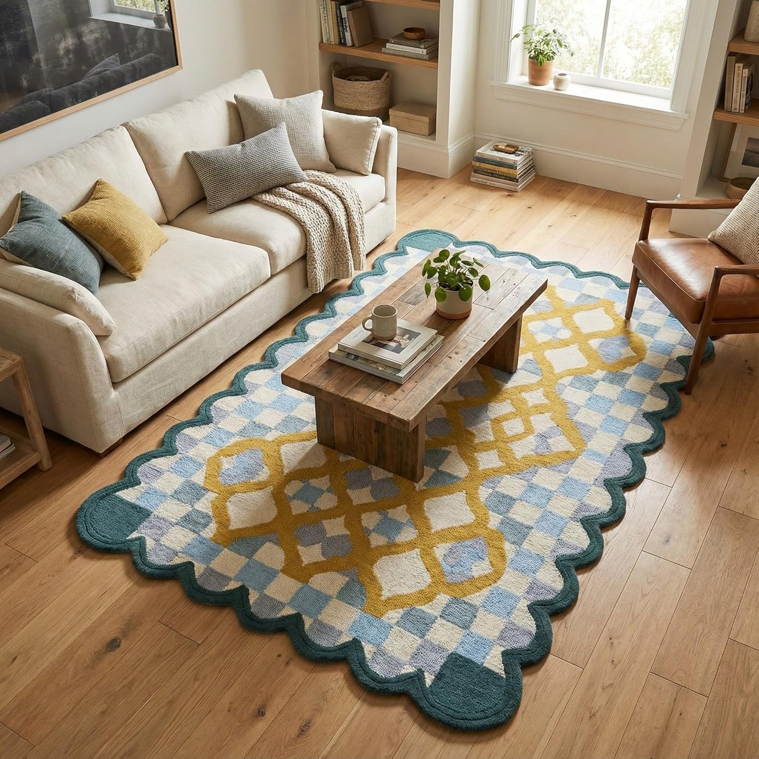 Hand-Tufted Wool Rug with Scalloped Edges | Checkered Light Blue Plaid Pattern Yellow Motif | Cozy Soft Area Rugs Carpet for Living Room, Bedroom, Nursery (Light Blue, Mustard Yellow, 5' x 8')