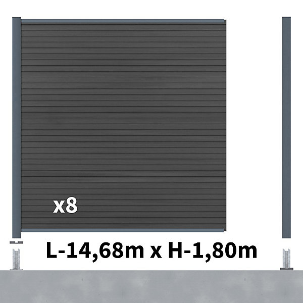 Kit Clôture Composite SANTOS Ardoise 14,5x1,8m - Bois composite &Aluminium - Poteaux sur Platines Gris - Brise vue - Palissade